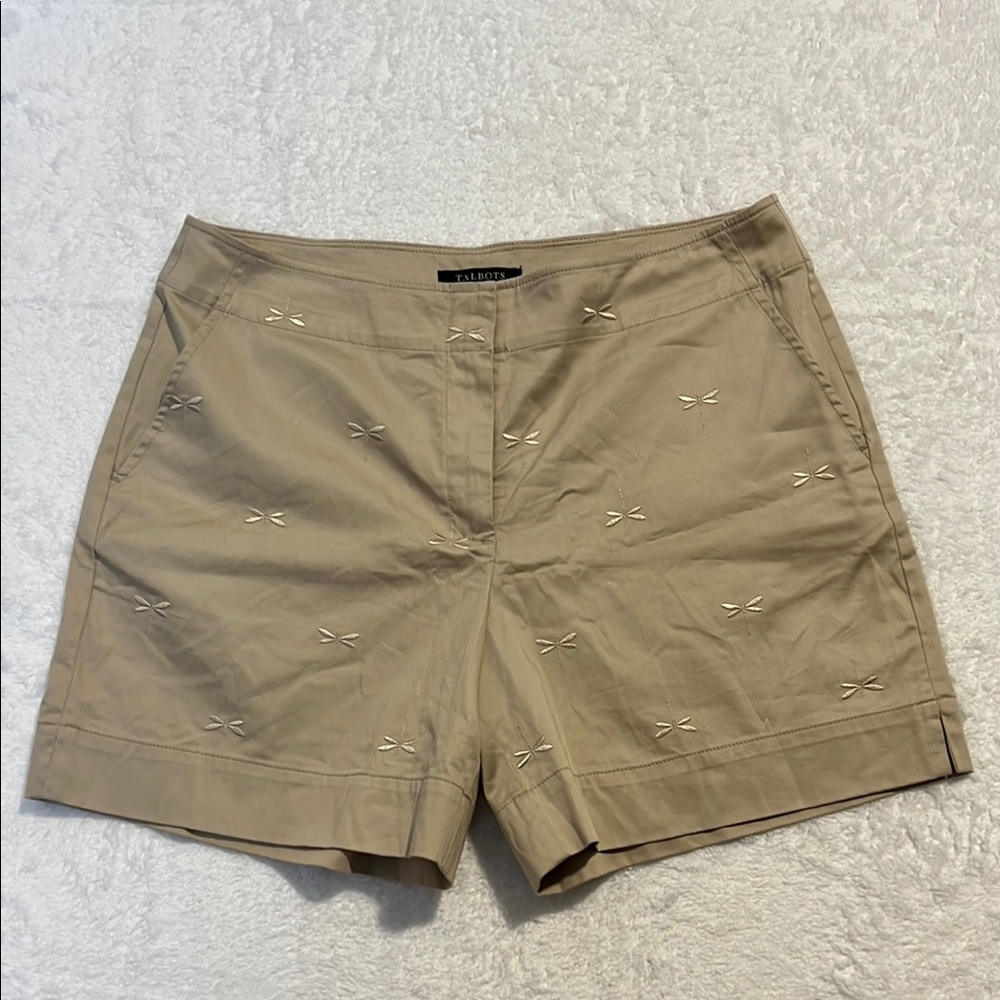 TALBOTS Women's Khaki Tan Bermuda Shorts with Dragonfly Embroidery‎ 14P